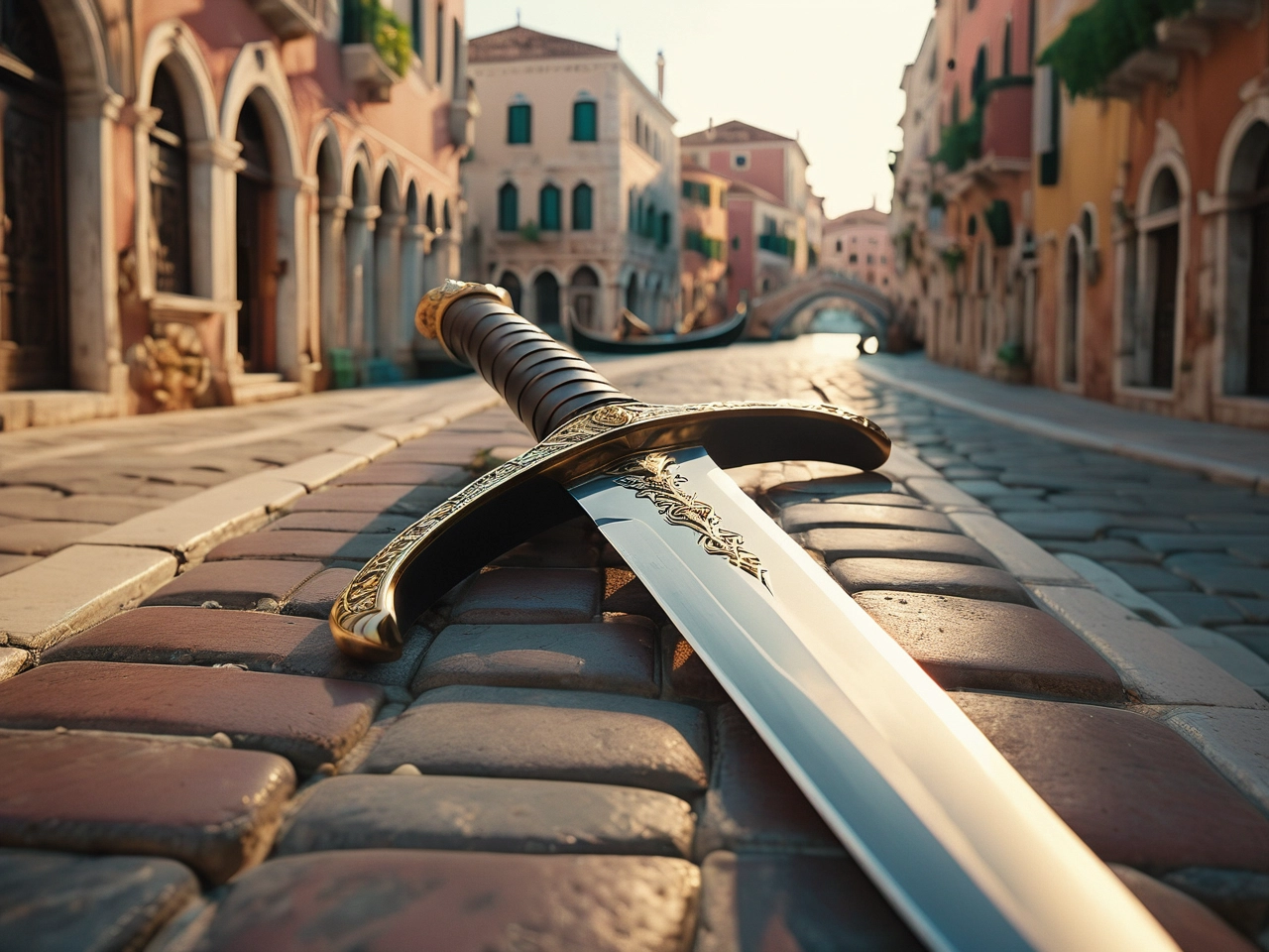A picture of Venetian sword in focus with a renesaince town street in background